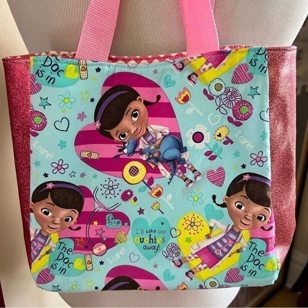 Doc McStuffins Stuffy Homemade Take The Ouchies Away Print Pink Glitter Tote
